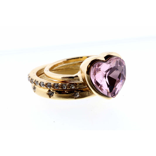 Set of 3, Light Pink Heart and Clear Crystal & Gold Bands Ring