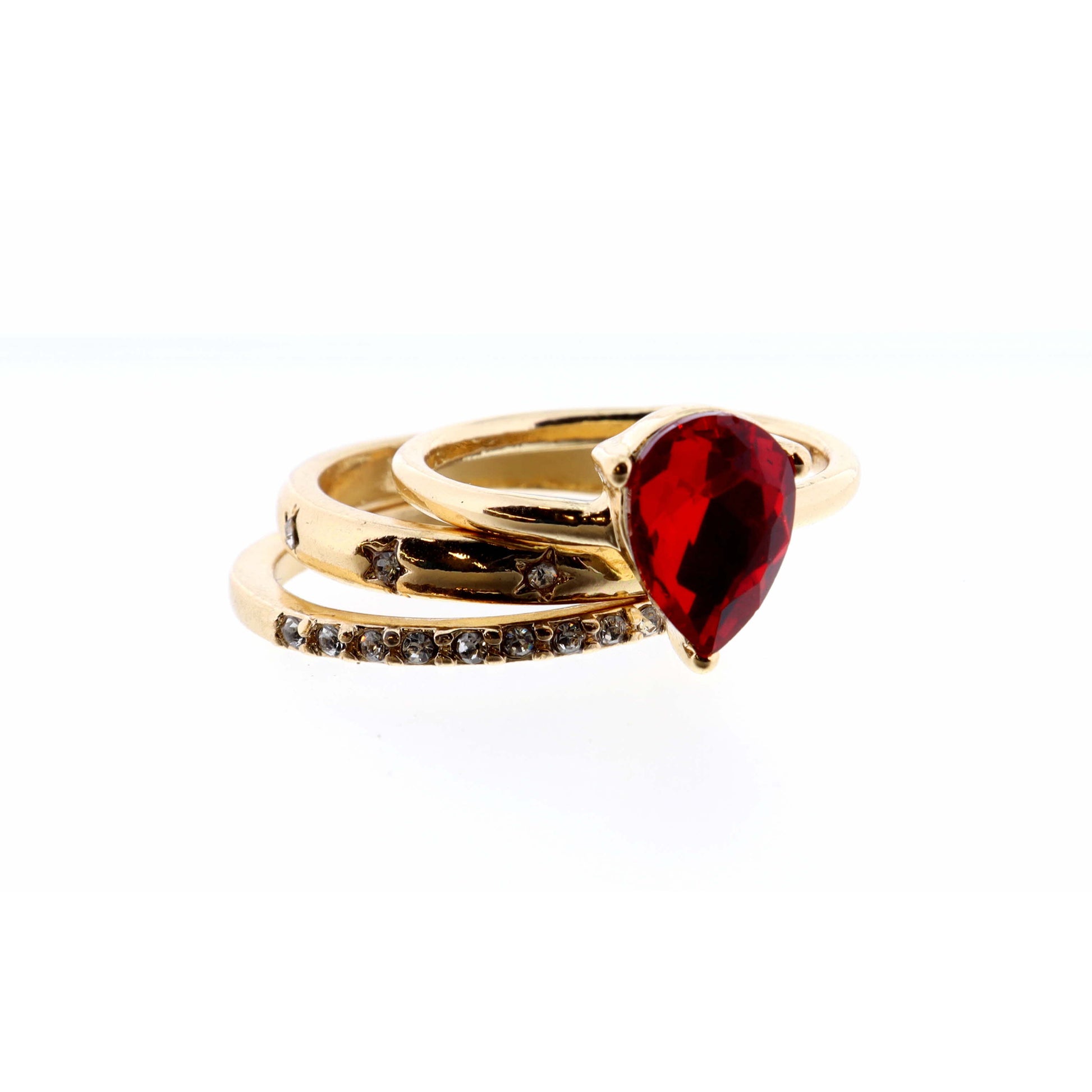 Set of 3, Red Teardrop and Clear Crystal & Gold Bands Ring