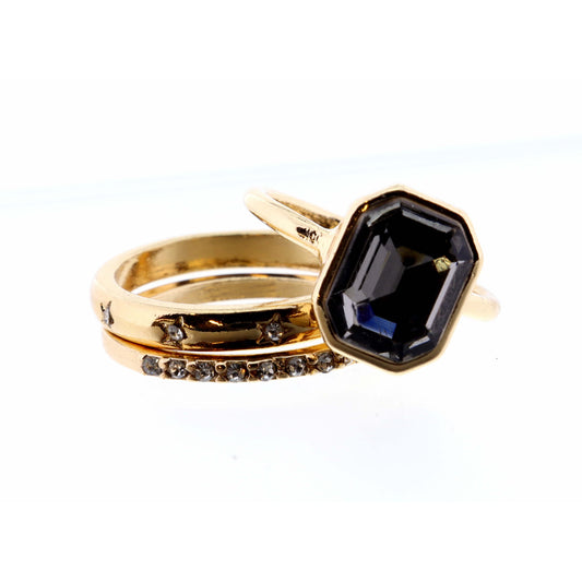 Set of 3, Black Diamond Rectangle and Clear Crystal & Gold Bands Ring