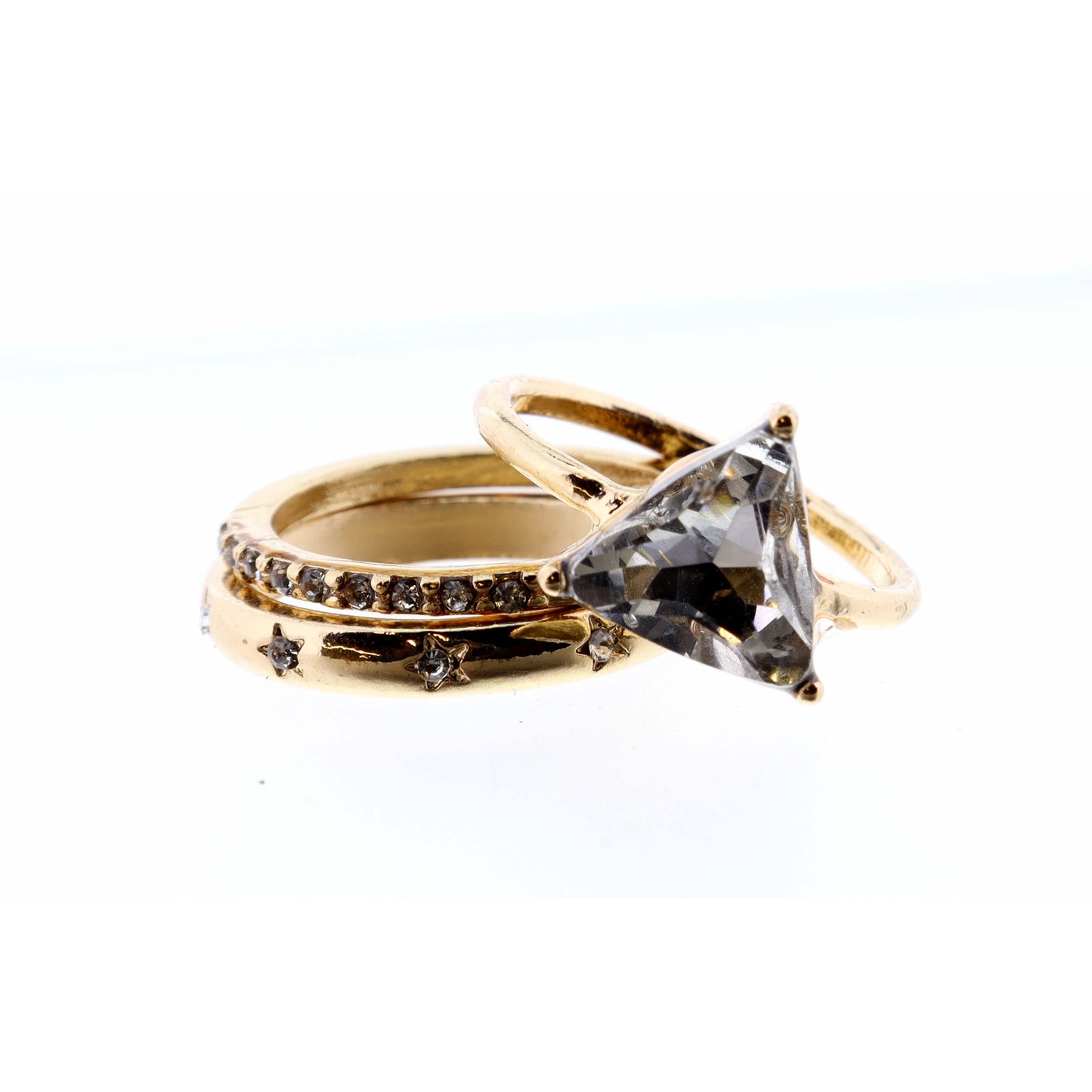 Set of 3, Clear Triangle and Clear Crystal & Gold Bands Ring