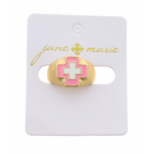 Kids Light Pink, White Enamel Cross Ring