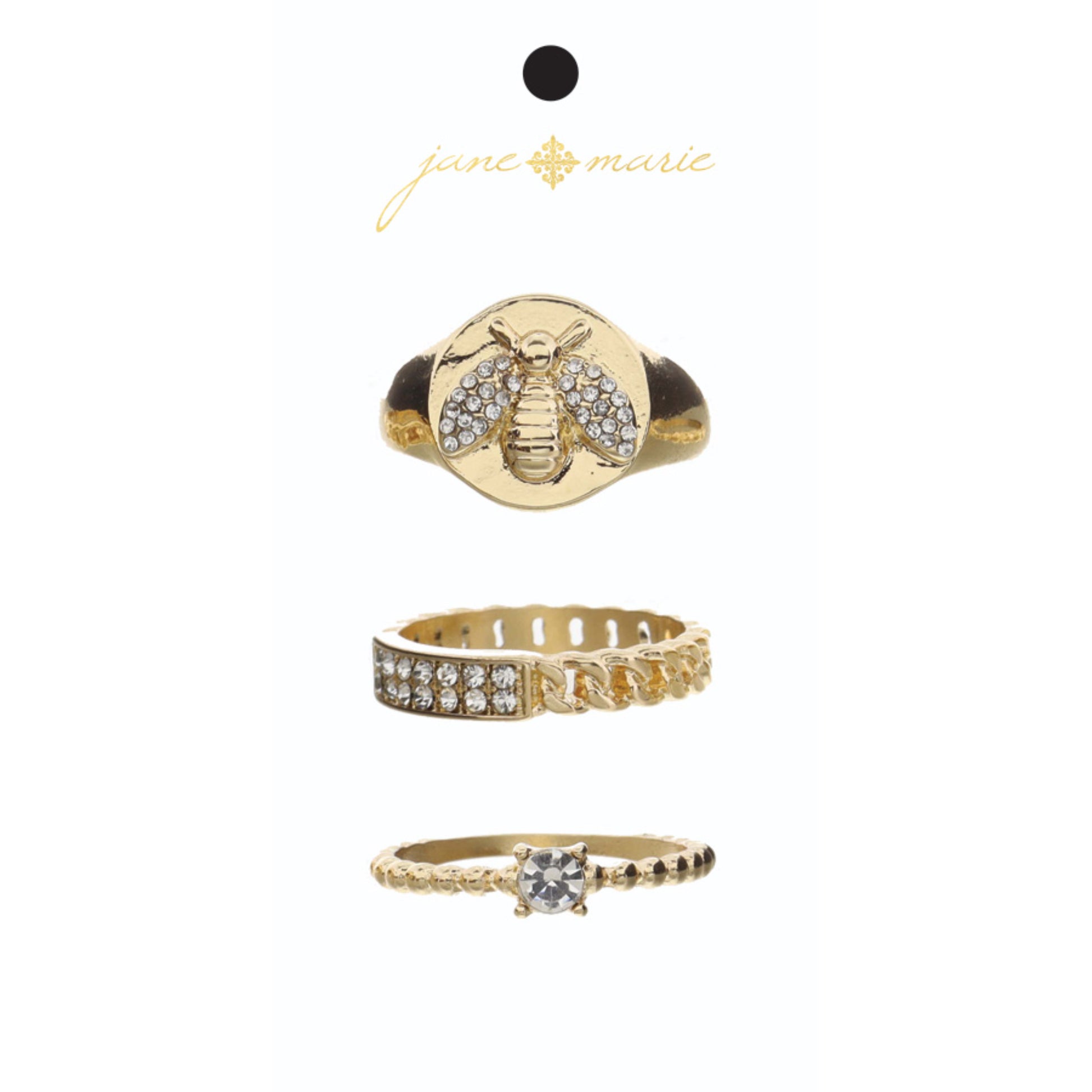 Set of 3, Gold Bee Signet, Gold Chain Band with Crystal Bar, Gold Ball and Crystal Band Ring