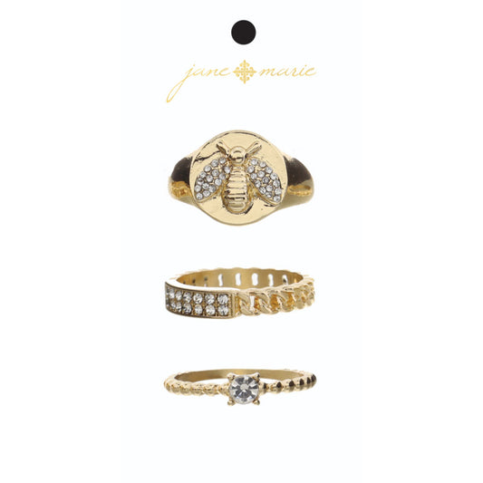 Set of 3, Gold Bee Signet, Gold Chain Band with Crystal Bar, Gold Ball and Crystal Band Ring