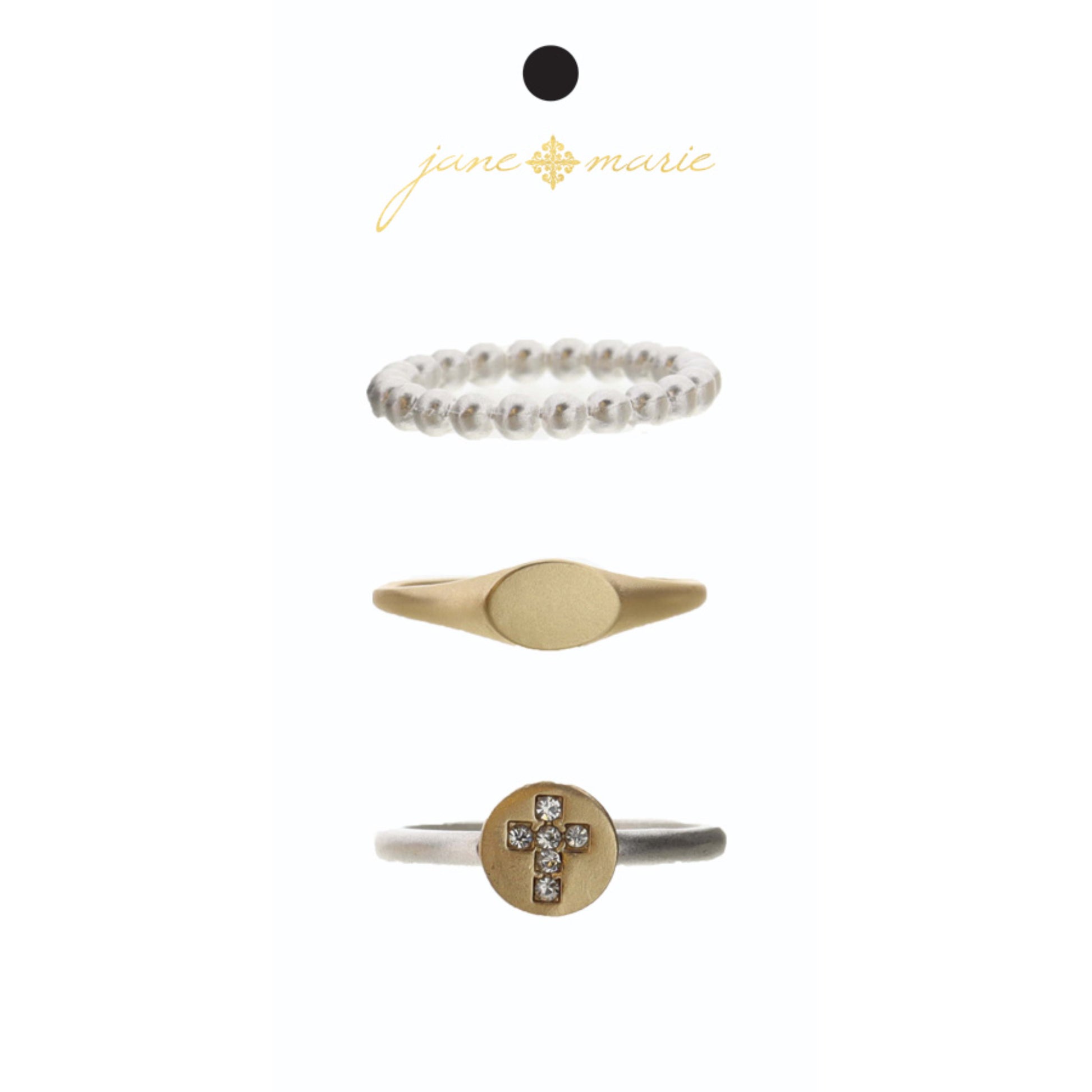 Set of 3, Silver Ball Band, Gold Signet Band, Gold Disc and Crystal Cross Silver Band Ring