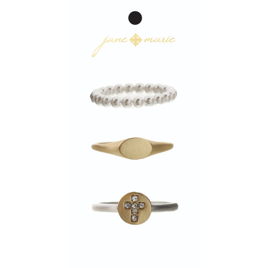Set of 3, Silver Ball Band, Gold Signet Band, Gold Disc and Crystal Cross Silver Band Ring