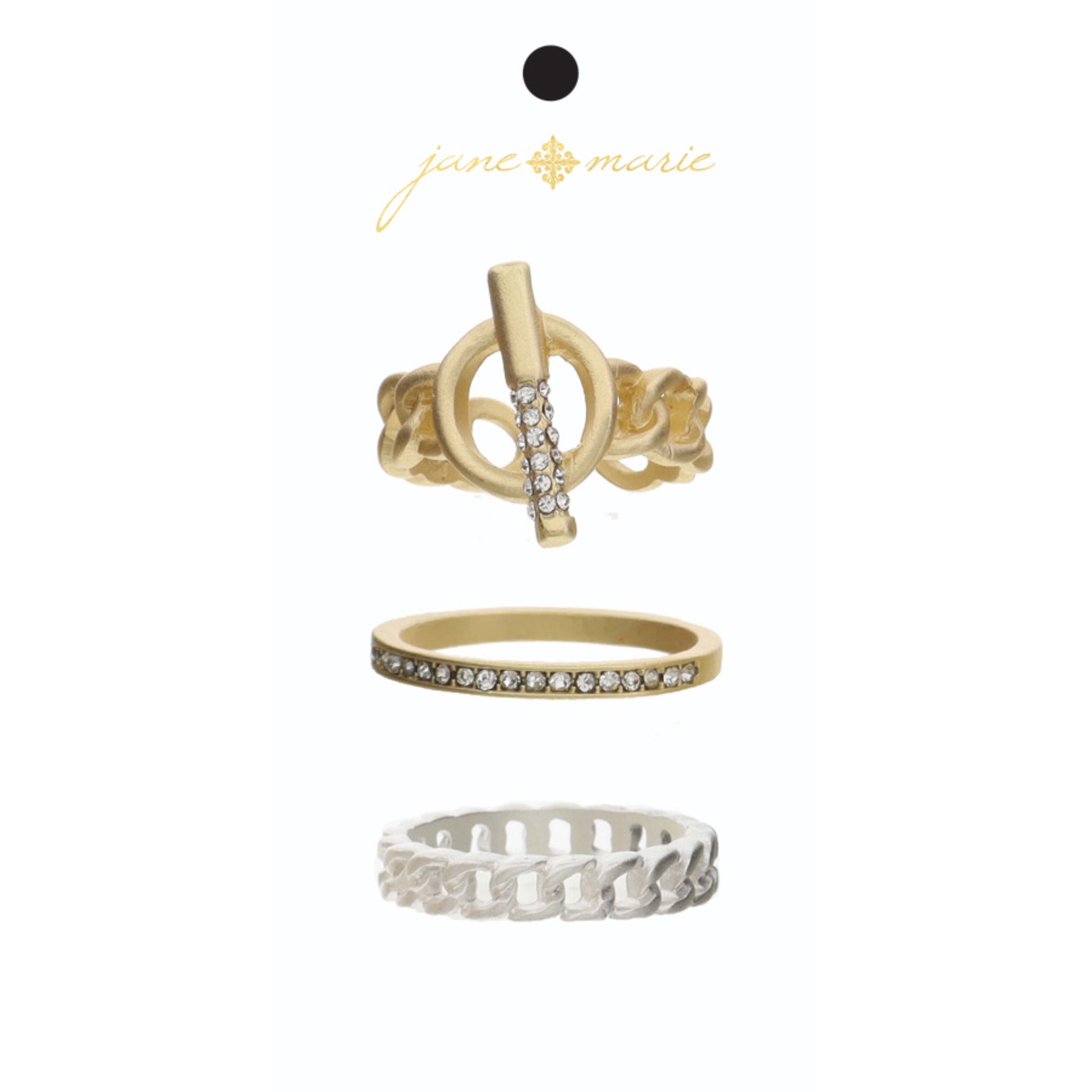 Set of 3, Crystal Embellished Faux Toggle Gold Chain, Crystal Band, Silver Band Ring