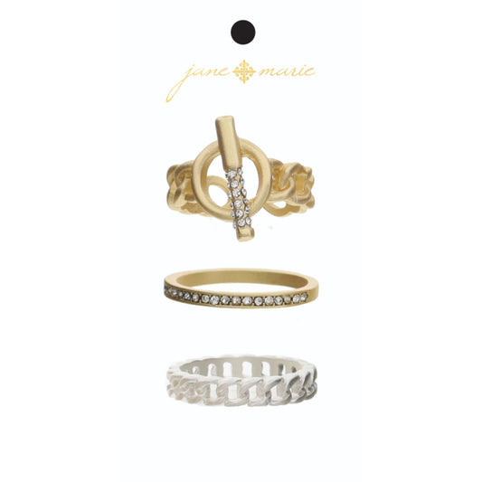 Set of 3, Crystal Embellished Faux Toggle Gold Chain, Crystal Band, Silver Band Ring