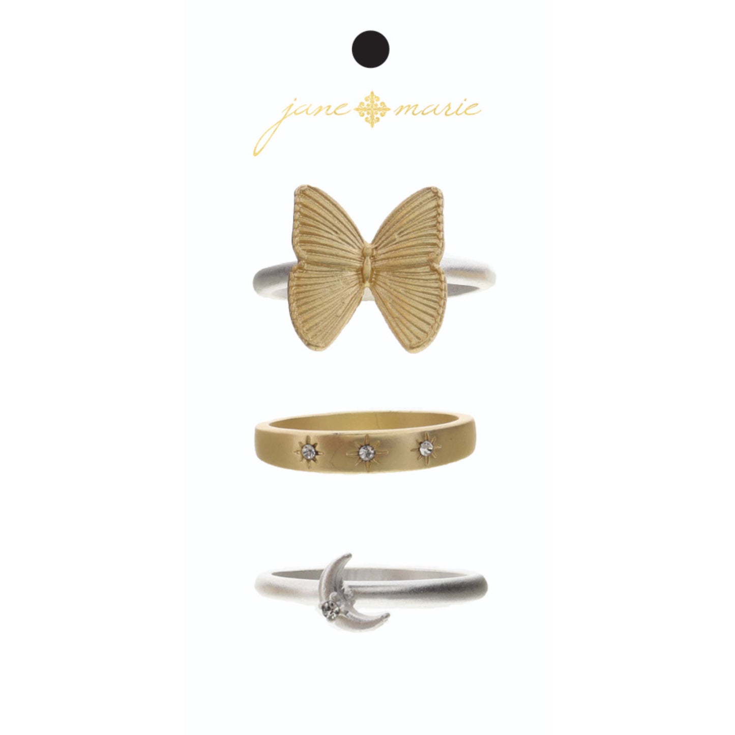 Set of 3, Gold Butterfly Silver Band, Moon and Crystal Silver Band, Stars Gold Band Ring
