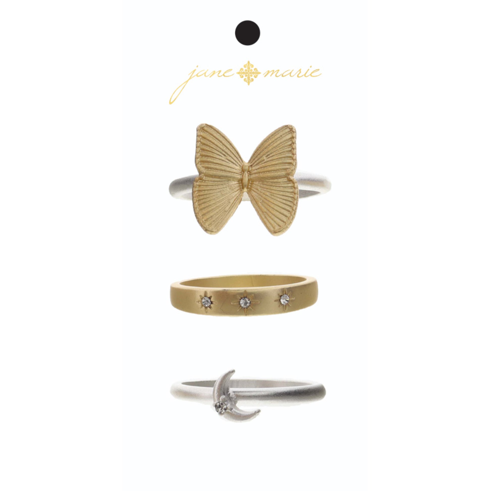 Set of 3, Gold Butterfly Silver Band, Moon and Crystal Silver Band, Stars Gold Band Ring