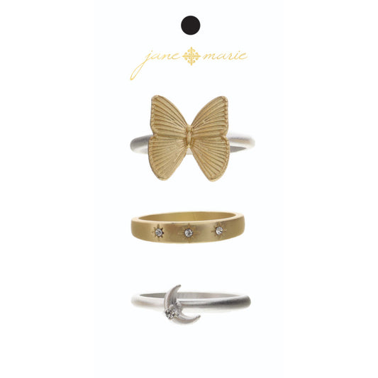 Set of 3, Gold Butterfly Silver Band, Moon and Crystal Silver Band, Stars Gold Band Ring
