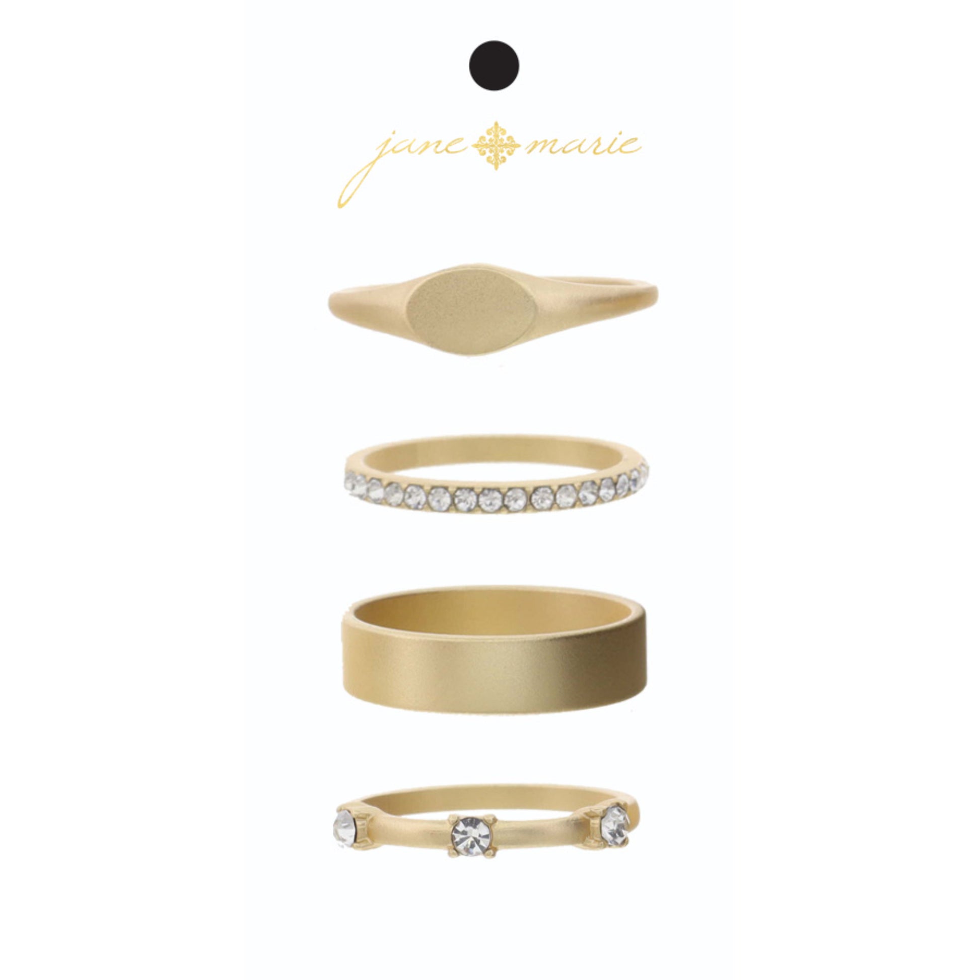 Set of 4, Gold Signet, Crystal Band, Gold Band, Gold Band with Three Crystals Ring