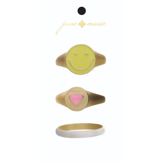 Set of 3, Pink Enamel Heart Signet, Yellow Enamel Happy Face Signet, White Enamel Band Ring
