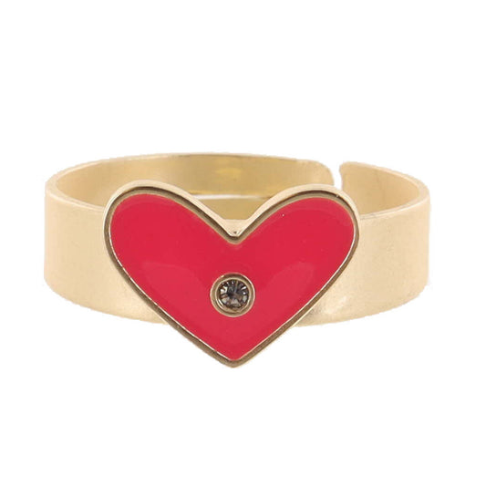 Kids Hot Pink Enamel Heart with Mini Crystal on Thick Gold Band Ring