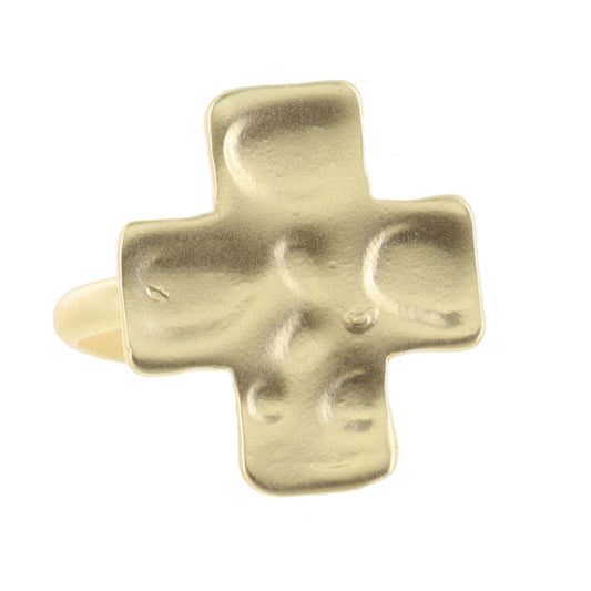 Kids Gold Hammered Square Cross on Thin Gold Band Ring
