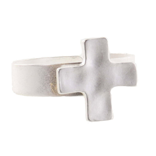 Kids Silver Hammered Square Cross on Thick Silver Band Ring