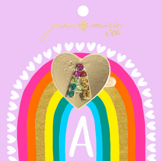 Kids Multi Color Crystal "A" on Gold Heart Ring