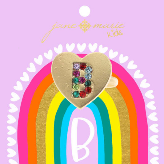Kids Multi Color Crystal "B" on Gold Heart Ring