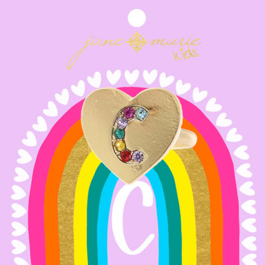 Kids Multi Color Crystal "C" on Gold Heart Ring