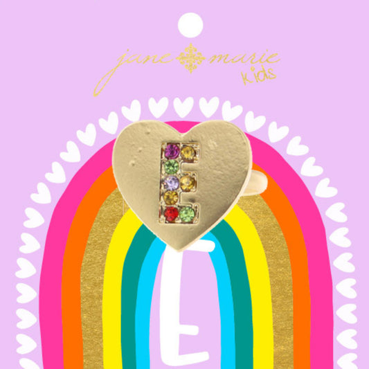 Kids Multi Color Crystal "E" on Gold Heart Ring