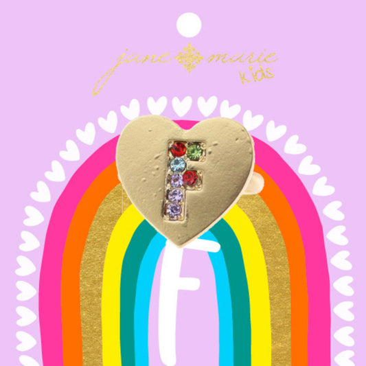 Kids Multi Color Crystal "F" on Gold Heart Ring