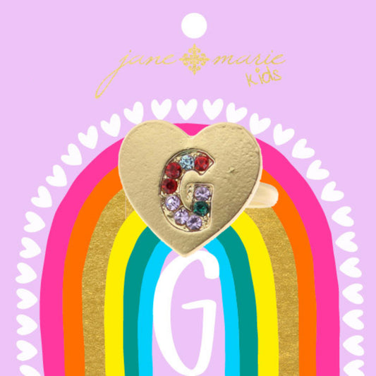 Kids Multi Color Crystal "G" on Gold Heart Ring