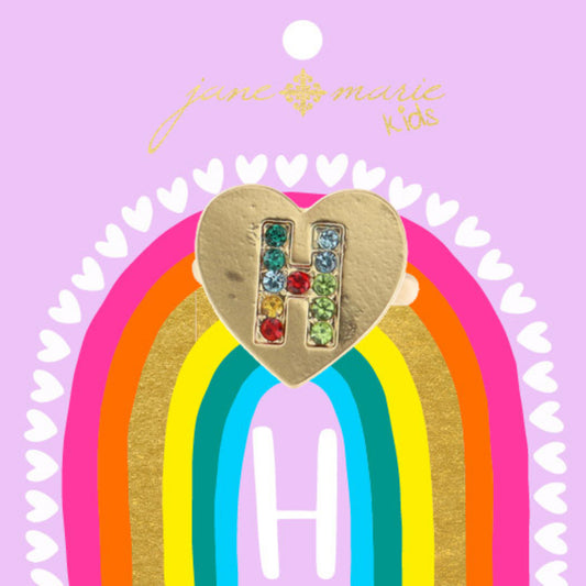 Kids Multi Color Crystal "H" on Gold Heart Ring