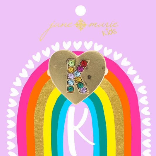 Kids Multi Color Crystal "K" on Gold Heart Ring