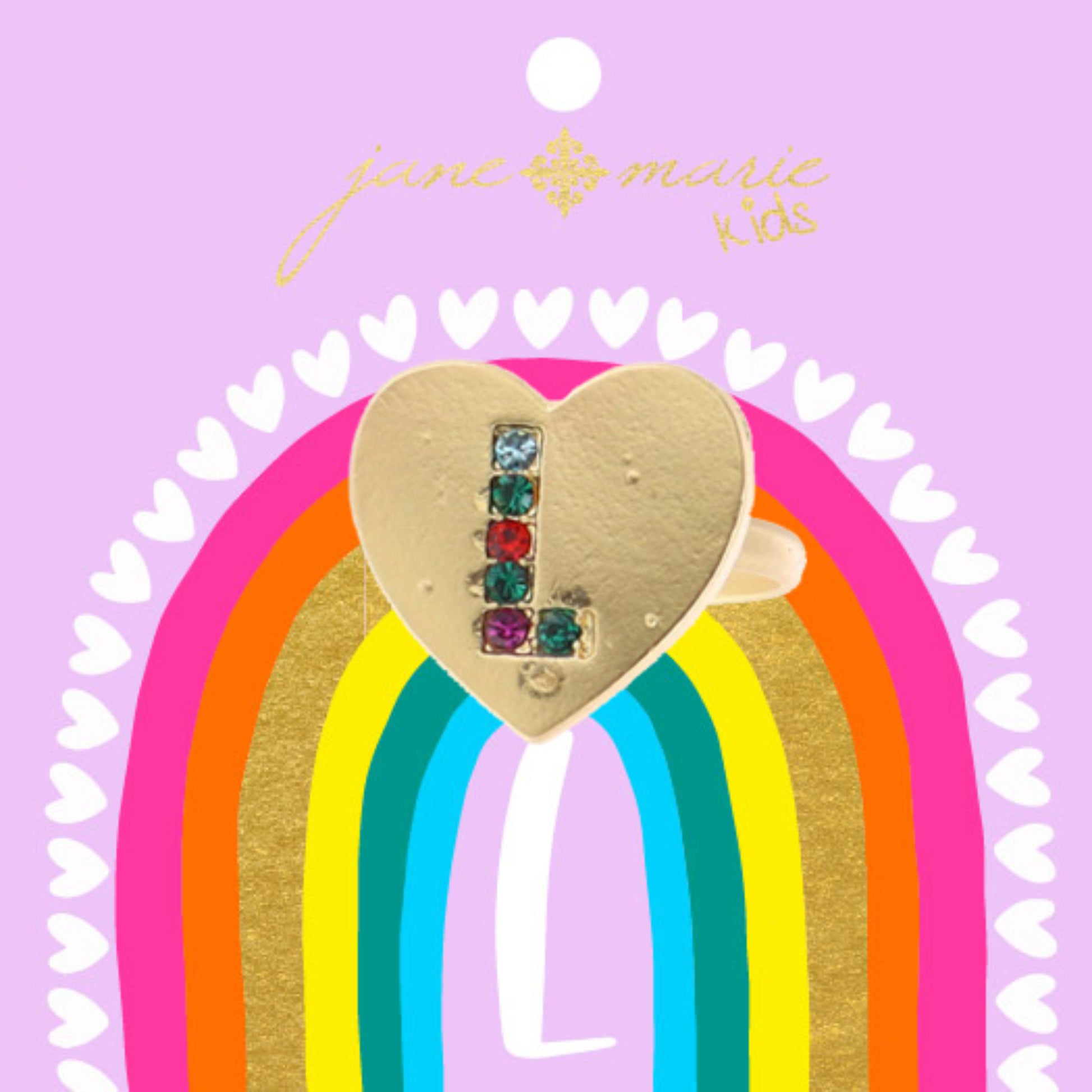 Kids Multi Color Crystal "L" on Gold Heart Ring