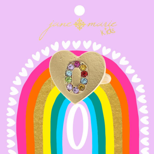 Kids Multi Color Crystal "O" on Gold Heart Ring
