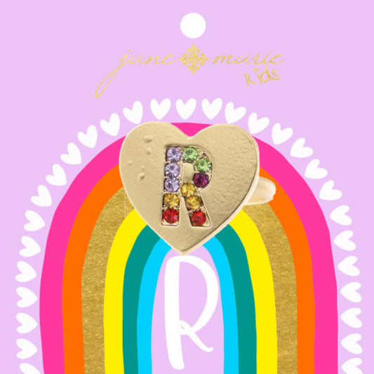 Kids Multi Color Crystal "R" on Gold Heart Ring