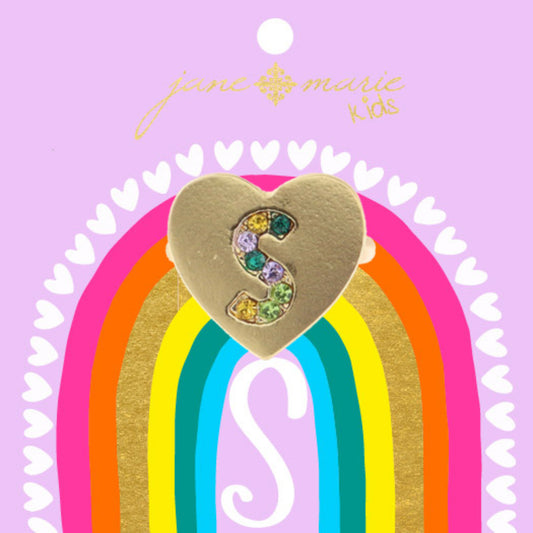 Kids Multi Color Crystal "S" on Gold Heart Ring