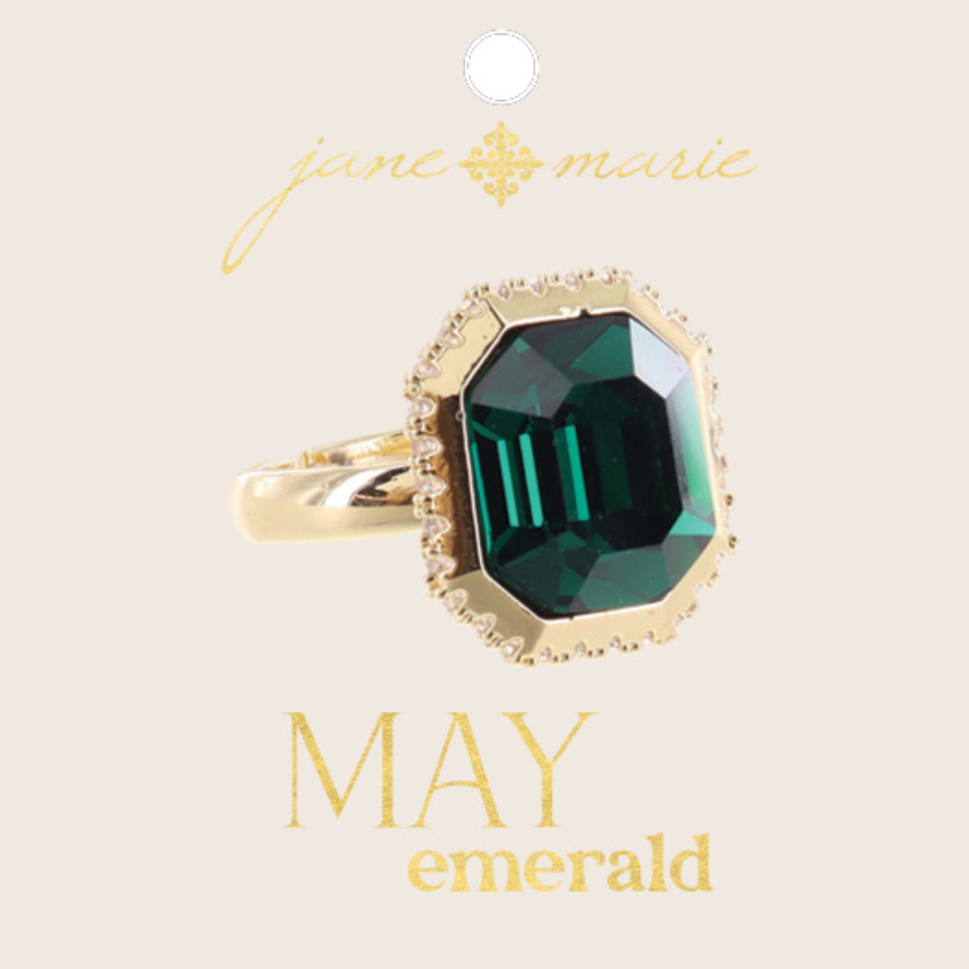 Emerald Green Crystal in Gold Setting with Clear Crystal Accents Ring