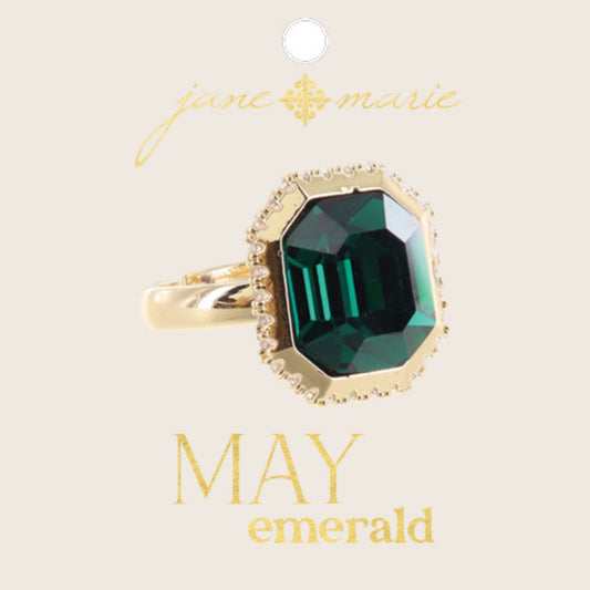 Emerald Green Crystal in Gold Setting with Clear Crystal Accents Ring