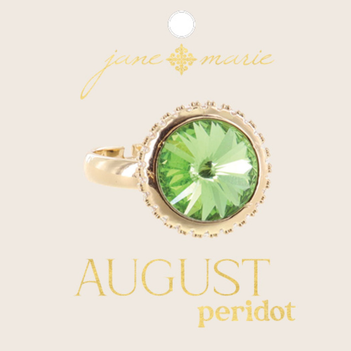 Circle Peridot Crystal in Gold Setting with Clear Crystal Accents Ring