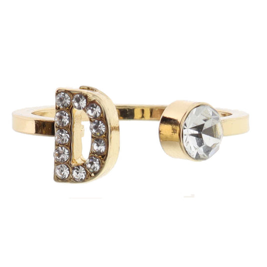 Shiny Gold Open Band with Mini Crystal "D" Initial and Clear Crystal Ring