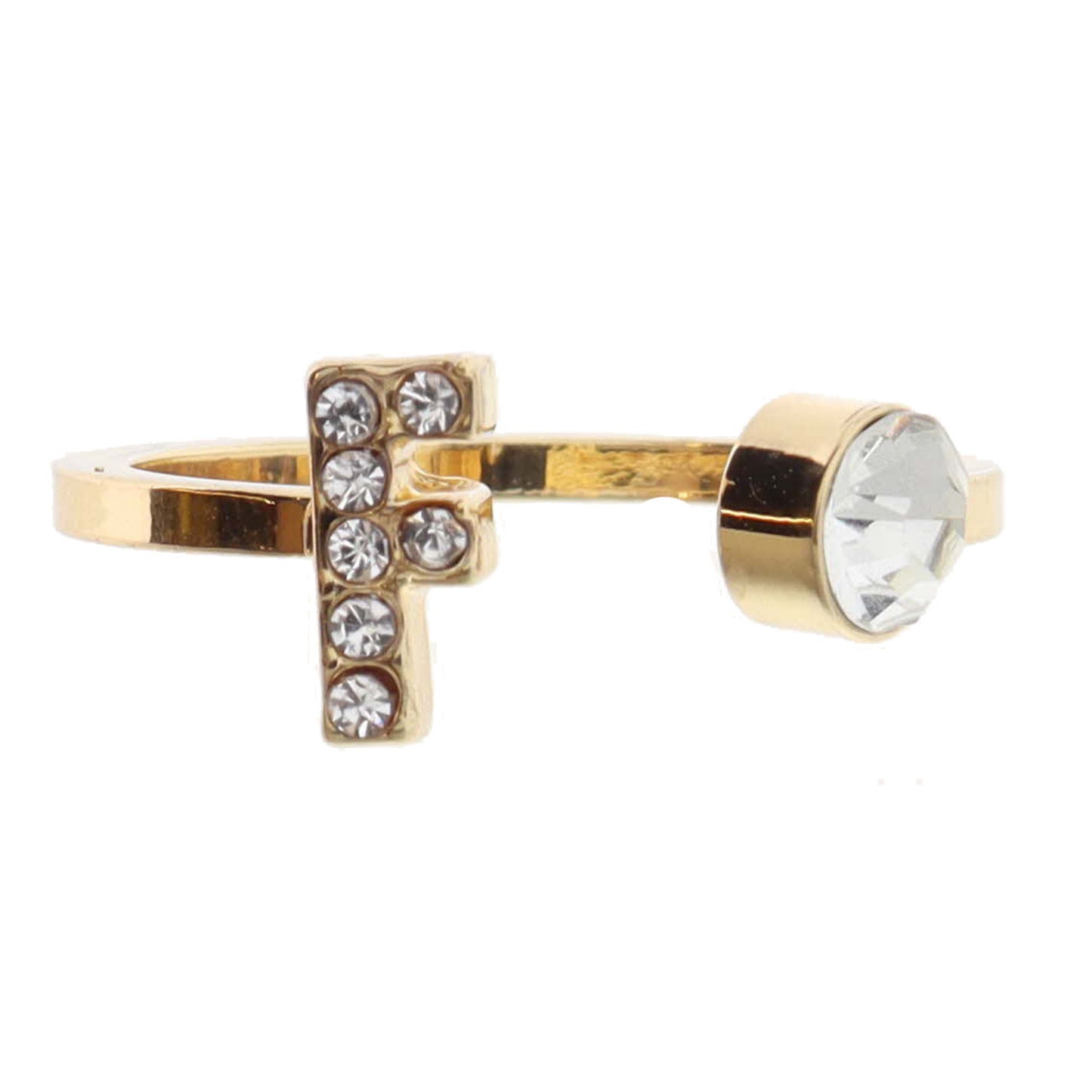 Shiny Gold Open Band with Mini Crystal "F" Initial and Clear Crystal Ring
