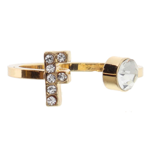 Shiny Gold Open Band with Mini Crystal "F" Initial and Clear Crystal Ring
