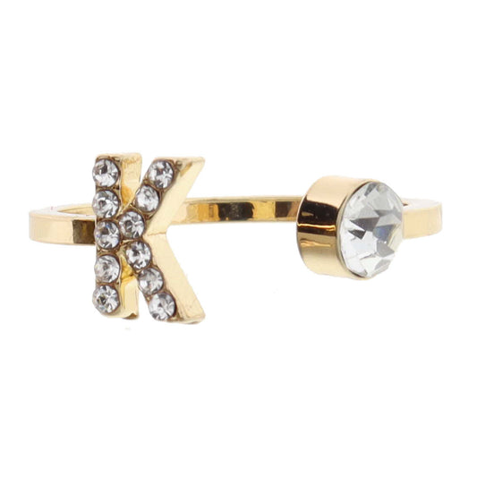 Shiny Gold Open Band with Mini Crystal "K" Initial and Clear Crystal Ring