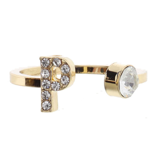 Shiny Gold Open Band with Mini Crystal "P" Initial and Clear Crystal Ring