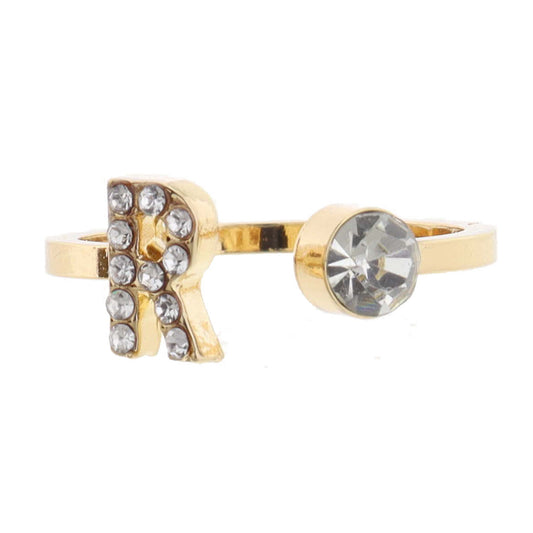Shiny Gold Open Band with Mini Crystal "R" Initial and Clear Crystal Ring