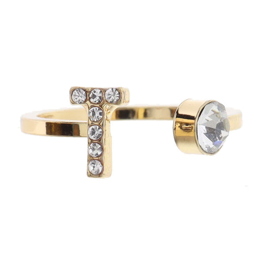 Shiny Gold Open Band with Mini Crystal "T" Initial and Clear Crystal Ring