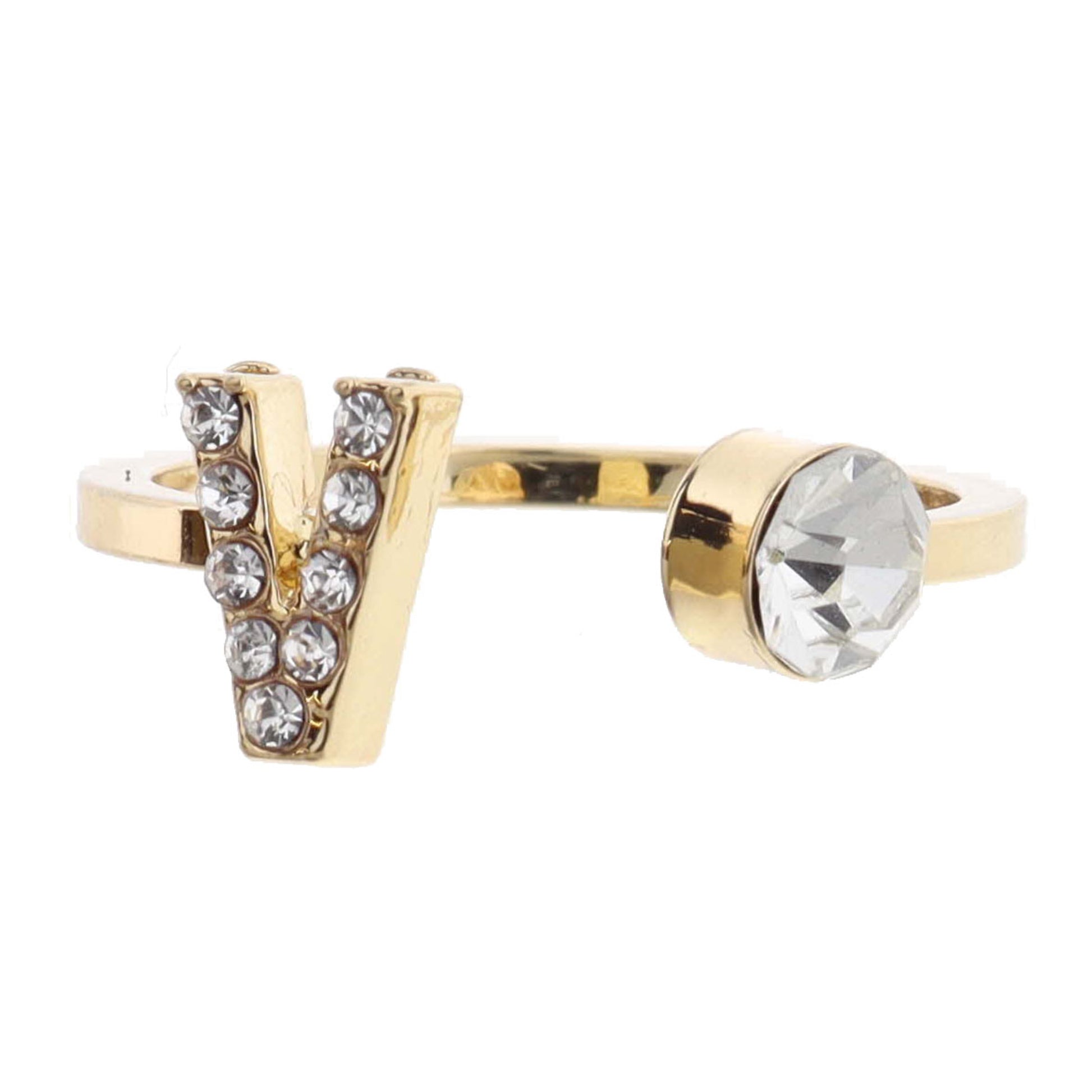 Shiny Gold Open Band with Mini Crystal "V" Initial and Clear Crystal Ring