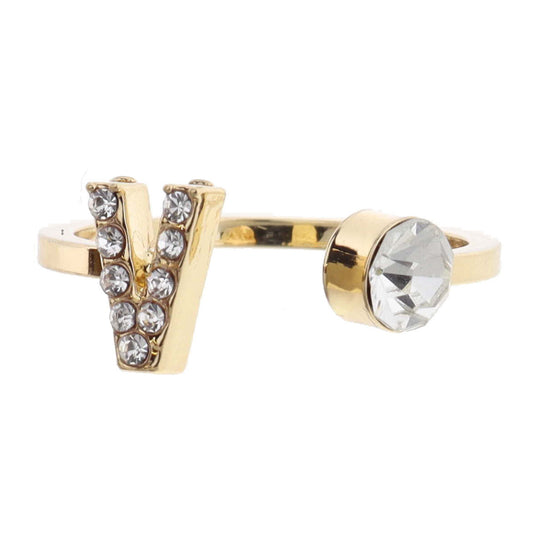 Shiny Gold Open Band with Mini Crystal "V" Initial and Clear Crystal Ring