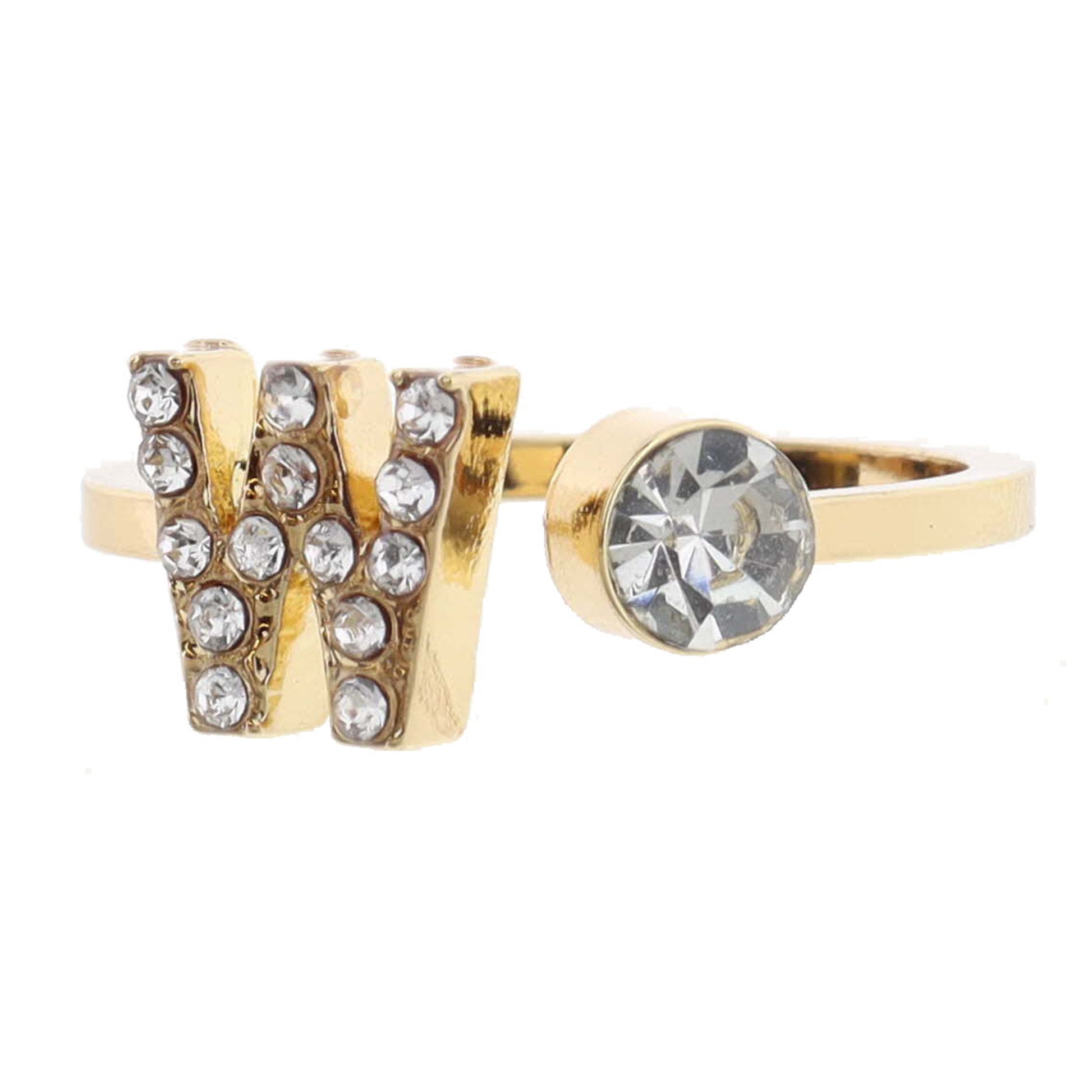 Shiny Gold Open Band with Mini Crystal "W" Initial and Clear Crystal Ring