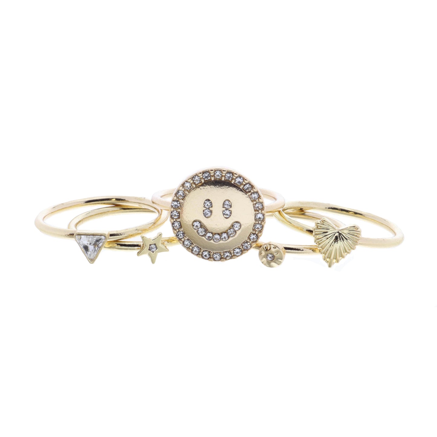 Set of 5, Crystal Lined Happy Face Disc and Coordinating Gold Rings