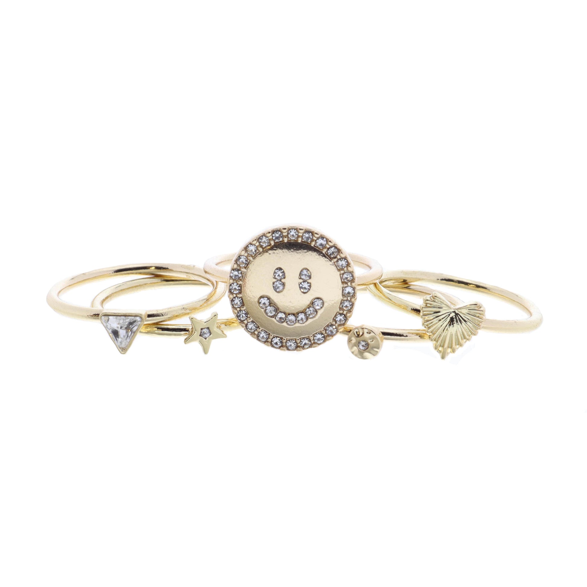 Set of 5, Crystal Lined Happy Face Disc and Coordinating Gold Rings