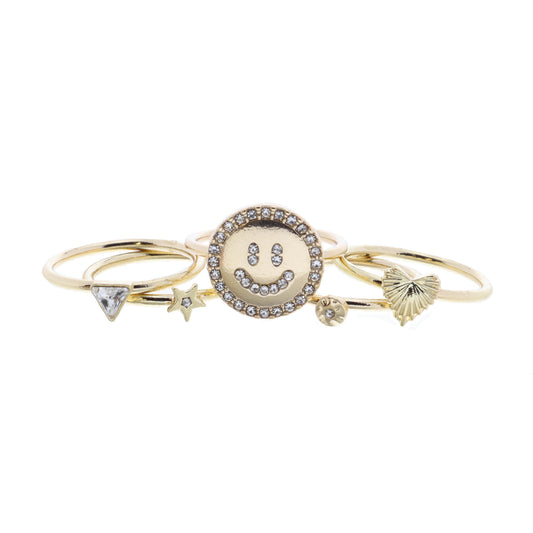 Set of 5, Crystal Lined Happy Face Disc and Coordinating Gold Rings