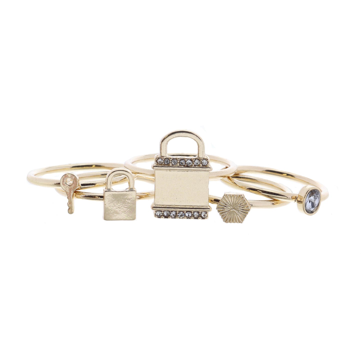 Set of 5, Padlock with Crystals and Coordinating Gold Rings