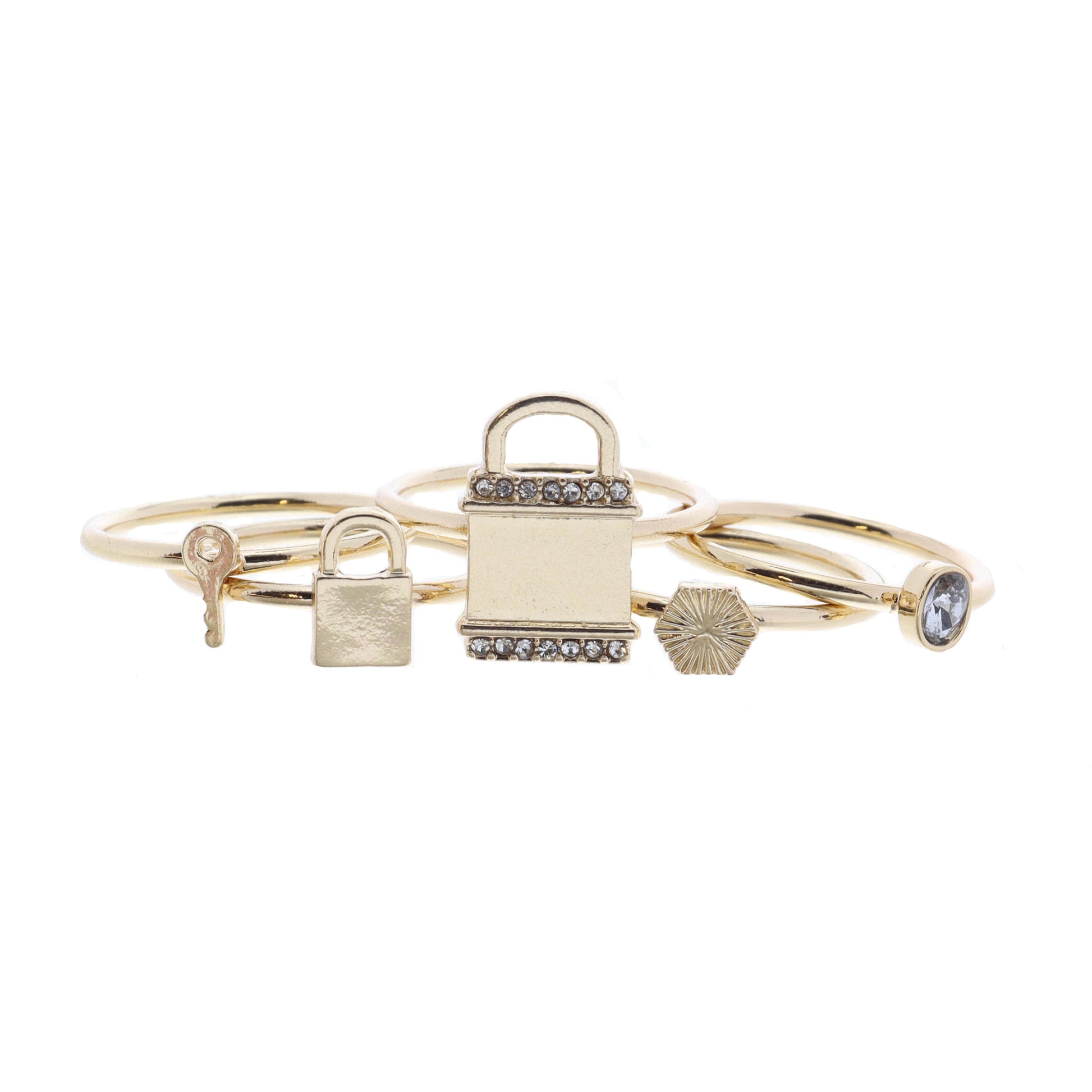 Set of 5, Padlock with Crystals and Coordinating Gold Rings
