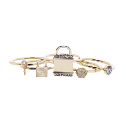 Set of 5, Padlock with Crystals and Coordinating Gold Rings